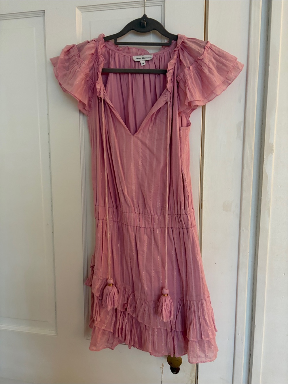 Karina Grimaldi Dusty Rose Ruffled V-Neck Mini Dress with Tassels